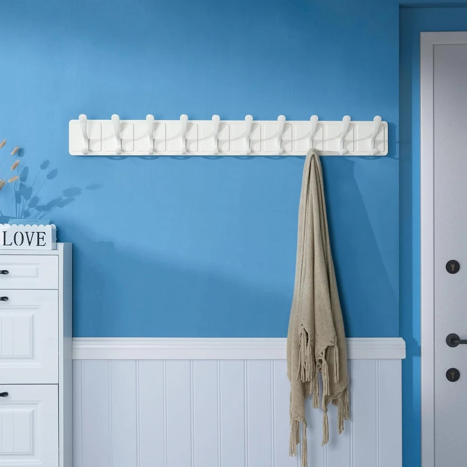 Scandi Wall Coat Rack 10 Hooks | White Wooden Hanger for Coats Hats Scarves - Image 2 of 4