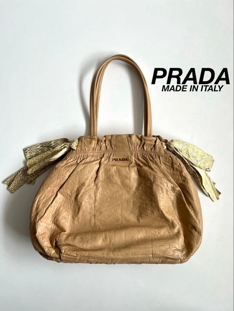 PRADA Python Ribbon Shoulder Tote Bag, Leather, S… - image 1