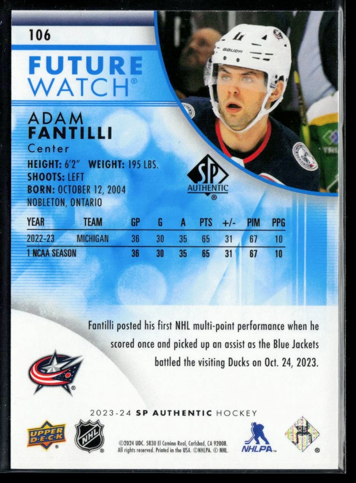 2023-24 SP Authentic Limited Blue #106 Adam Fantilli RC 103/399 - Image 2 of 2