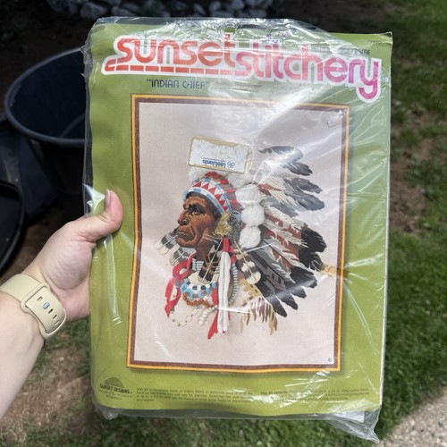 Vintage Sunset Stitchery Indian Chief Crewel Embroidery Kit New Native American