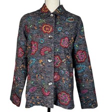 Chico  s Design SZ 1 Medium Jacket Tapestry Button-Up Embroidered Beaded Lined