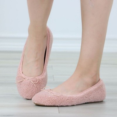 Pink Fleece Ballet Flats Slip On Sherpa Comfort Close Toe