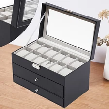 Watch Display Box & Jewelry Storage Case Multi-Purpose Organizer Box w/Glass Top