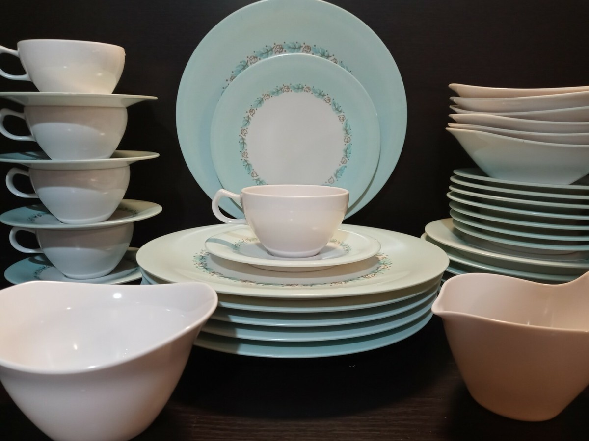 VTG ONEIDA PREMIER MELAMINE Dinnerware set teal turquoise gold leaves plate  bowl