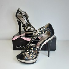 Lipsy London Black & Gold Stud Sandal Stiletto High Heels Shoes Size 38 / UK 5