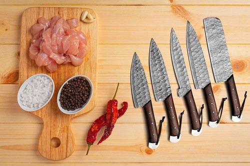 5 Pieces Hand Forged Damascus Steel Chef Set, Kitchen set knife wood handle - Imagen 3 de 3