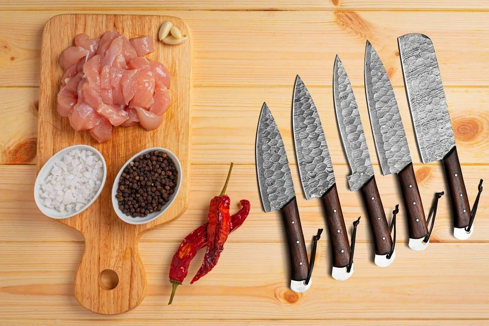 5 Pieces Hand Forged Damascus Steel Chef Set, Kitchen set knife wood handle - Imagen 3 de 3
