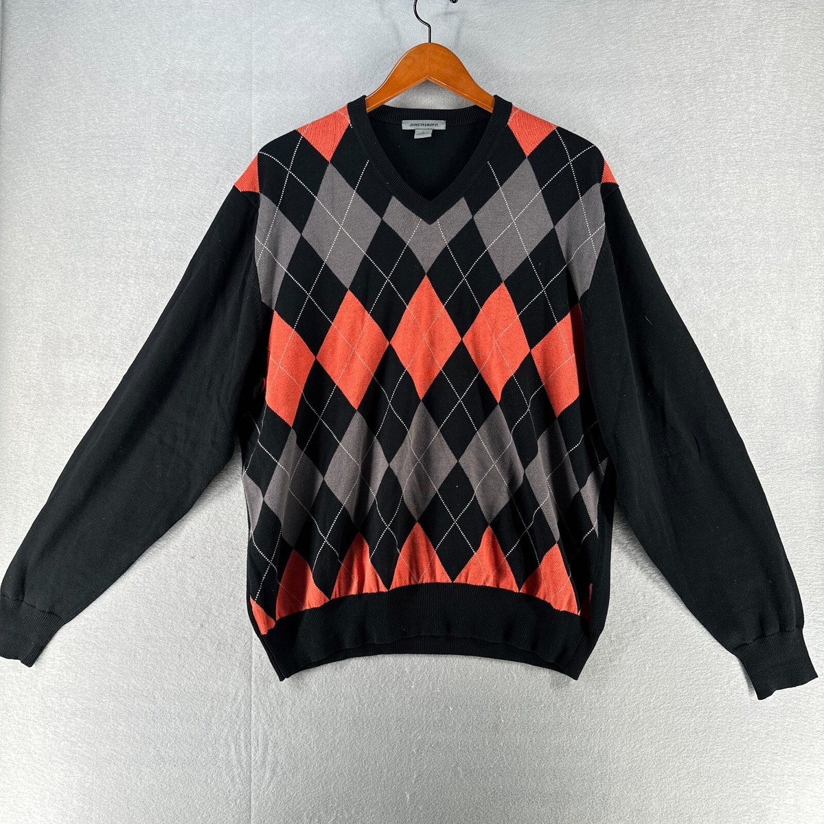 Johnston Murphy Mens V neck Knit Sweater L Black Argyle Desinger