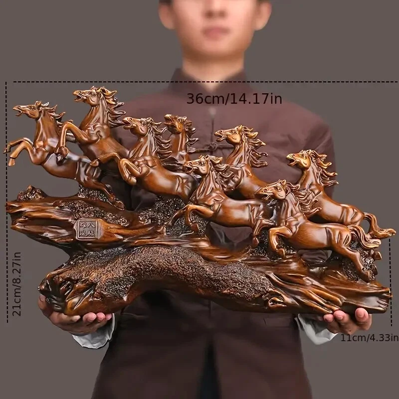 NUEVA ESTAMPIDA DE 8 CABALLOS 14" ¡Impresionante! Estatuilla de resina marrón leñosa escultura 8x14 Foto 4 de 4