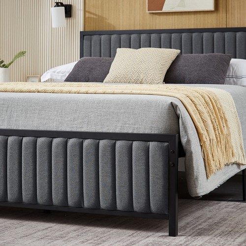 Upholstered Bed Frame Twin Queen Full Size Metal Platform Bed with Headboard - Picture 11 of 27