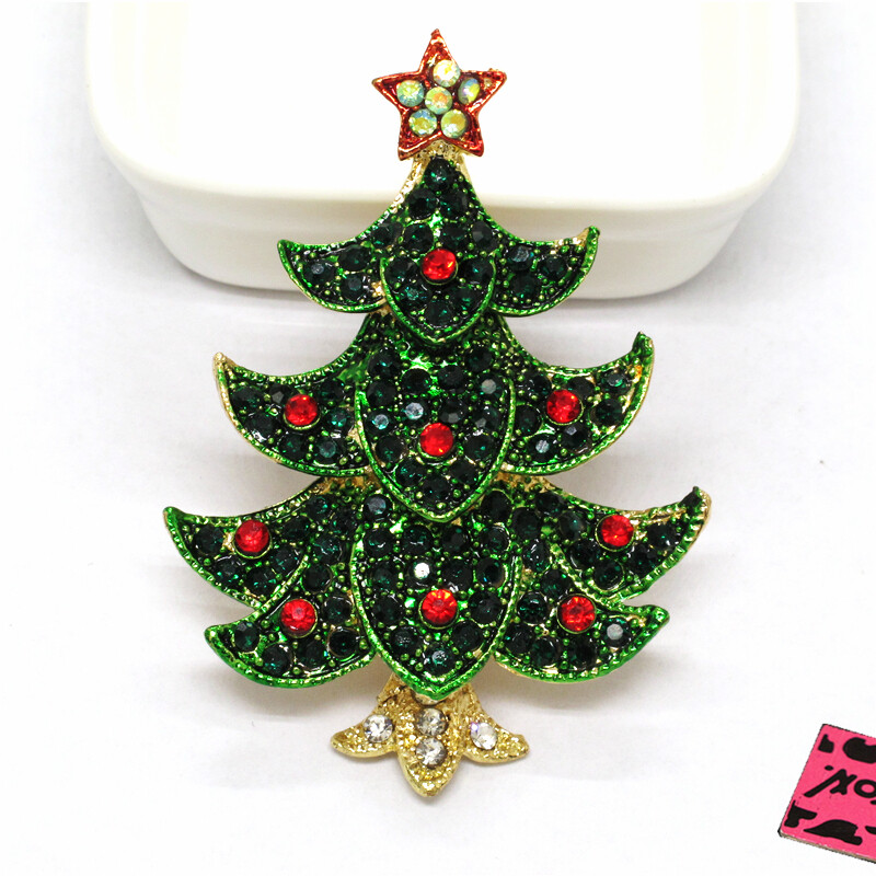 New Green Enamel Cute Christmas Tree Crystal Fashion Women Charm Brooch Pin