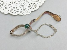Glove Handkerchief Scarf Clip For Edge of Table Green Glass Gem Silver Tone 4"