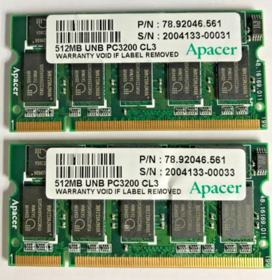 APACER 1MB 1024MB (2x512MB) DDR1 SO-DIMM P/N:78.92046.561  PC-3200 CL3 #R2014