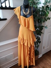 Fashion Nova Womens Orange Layered Ruffle Trim Sweetheart Neck Long Maxi Dress M