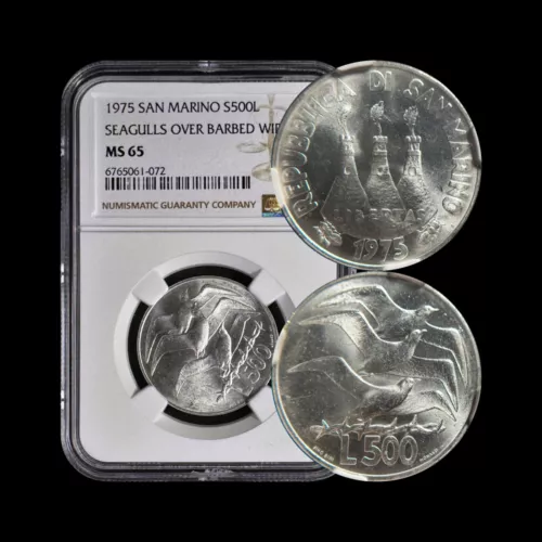 SAN MARINO. 1975, 500 Lire, Silver - NGC MS65 - Seagulls Flying Over Barbed Wire