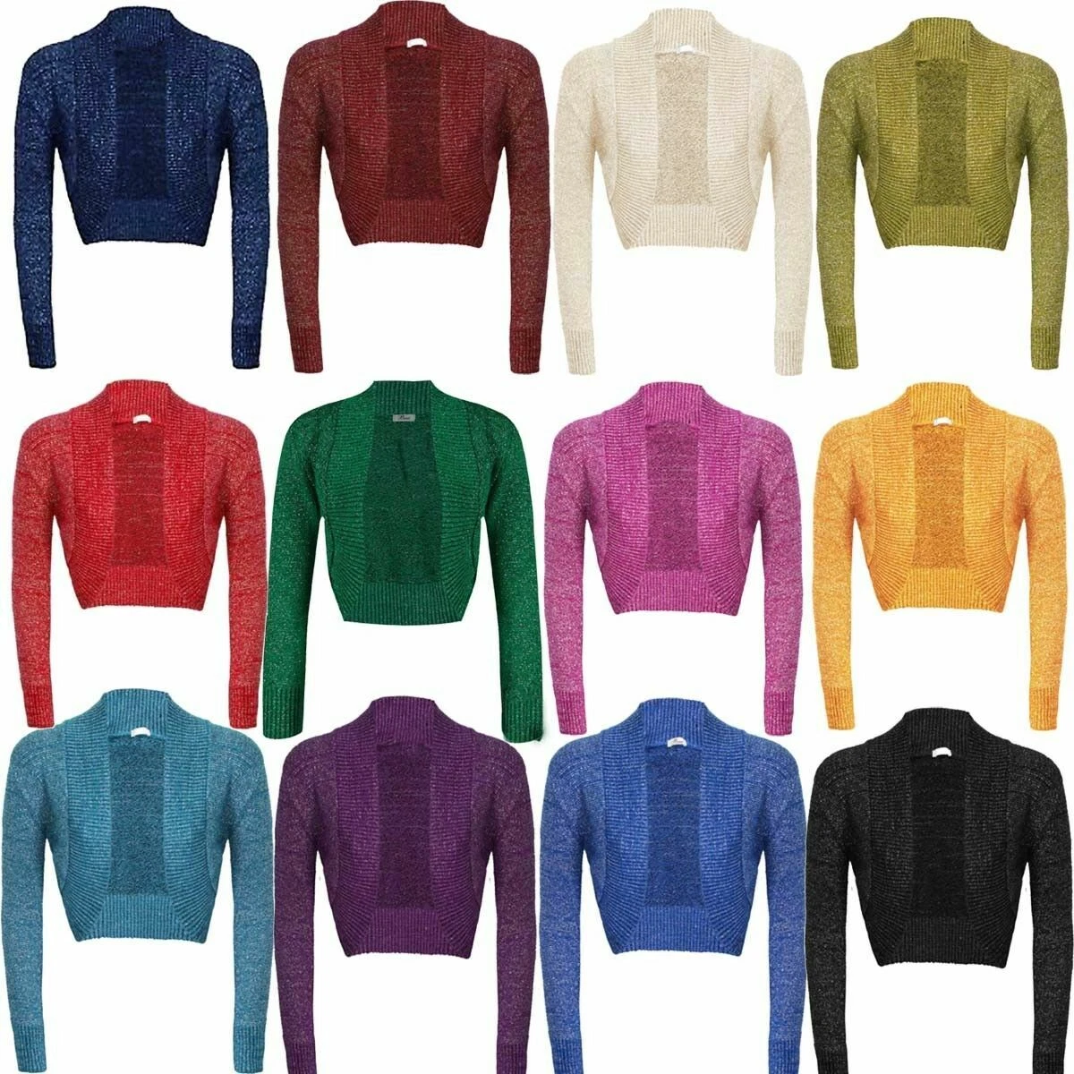 New Women s Long Sleeve Shiny Lurex Knitted Shrug Cardigan Bolero
