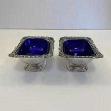 Antique Ellis Barker English Silver Plate Salt Cellars Cobalt Blue Glass Inserts