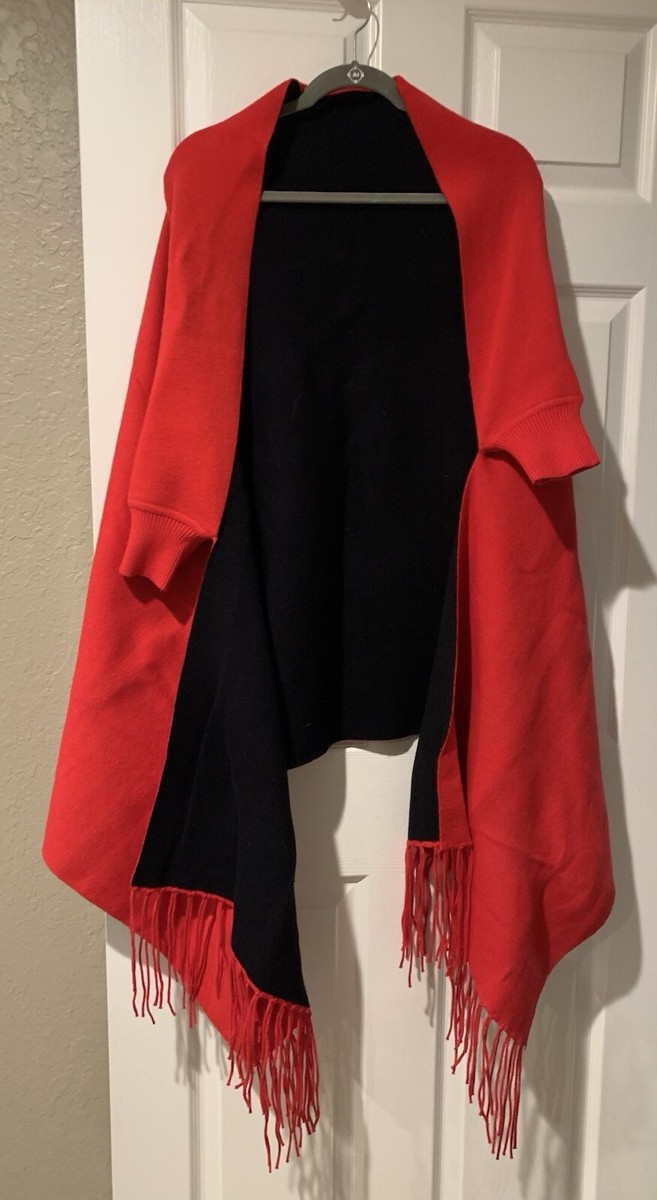 RED & BLACK REVERSIBLE PONCHO BODYWARMER DRESSY CAPE WITH FRINGE