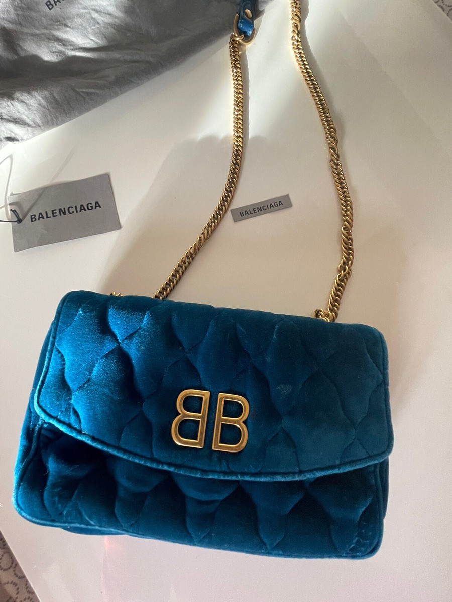 Balenciaga BB Wallet on Chain Quilted Velvet Small Blue Bag Balenciaga BB Wallet on Chain Quilted Velvet Small Blue Bag
