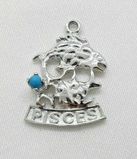 Charm Sterling Silver Pisces astrology zodiac pendant bracelet Unmarked Vtg 1970