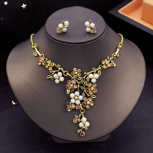 Rhinestone Pearl Flower Bridal Jewelry Set Choker Necklace Earrings