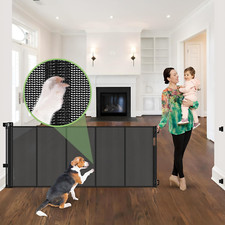 Extra Long 96" Retractable Baby Gate with Support Rods - Black