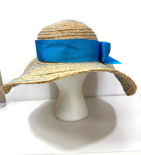 JONATHAN ADLER Wide Brim Straw Hat with Turquoise Grosgrain Trim Bow - Picture 6 of 10