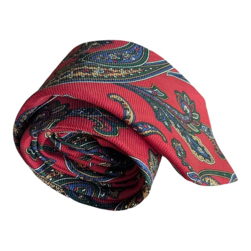 Vtg NWT Land's End 100% Silk Tie 3.5x58" Red Paisley Handsewn in USA Navy Gold - Picture 4 of 14