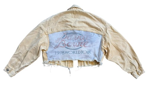 DAVID BOWIE Denim Crop Jacket 70s 80s Pop Upcycled Retro Vintage Distressed XS - Picture 8 of 12