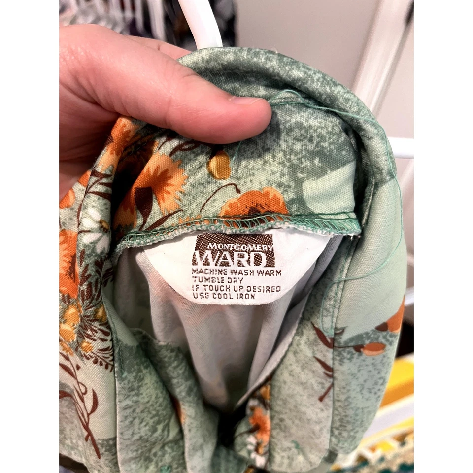 Vestido Disco Montgomery Ward Años 70 Naranja Verde Menta Otoño Floral Cuello Daga M Foto 2 de 4