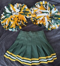 Vintage Varsity Cheer Skirt Green Gold White Size 22  Waist With Pom Poms