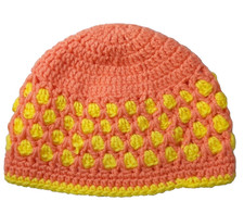 SKULL CAP Hat Crochet Hand Knit Coral/Yellow Bennie Womens