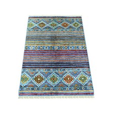 2'10"x3'10" Blue Afghan Super Kazak Hand Knotted Pure Wool Sample Mat Rug 22001