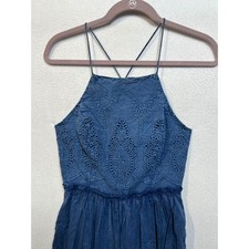 Lucky Brand Blue Cotton Eyelet Halter Dress Boho Embroidered Cross Back Small