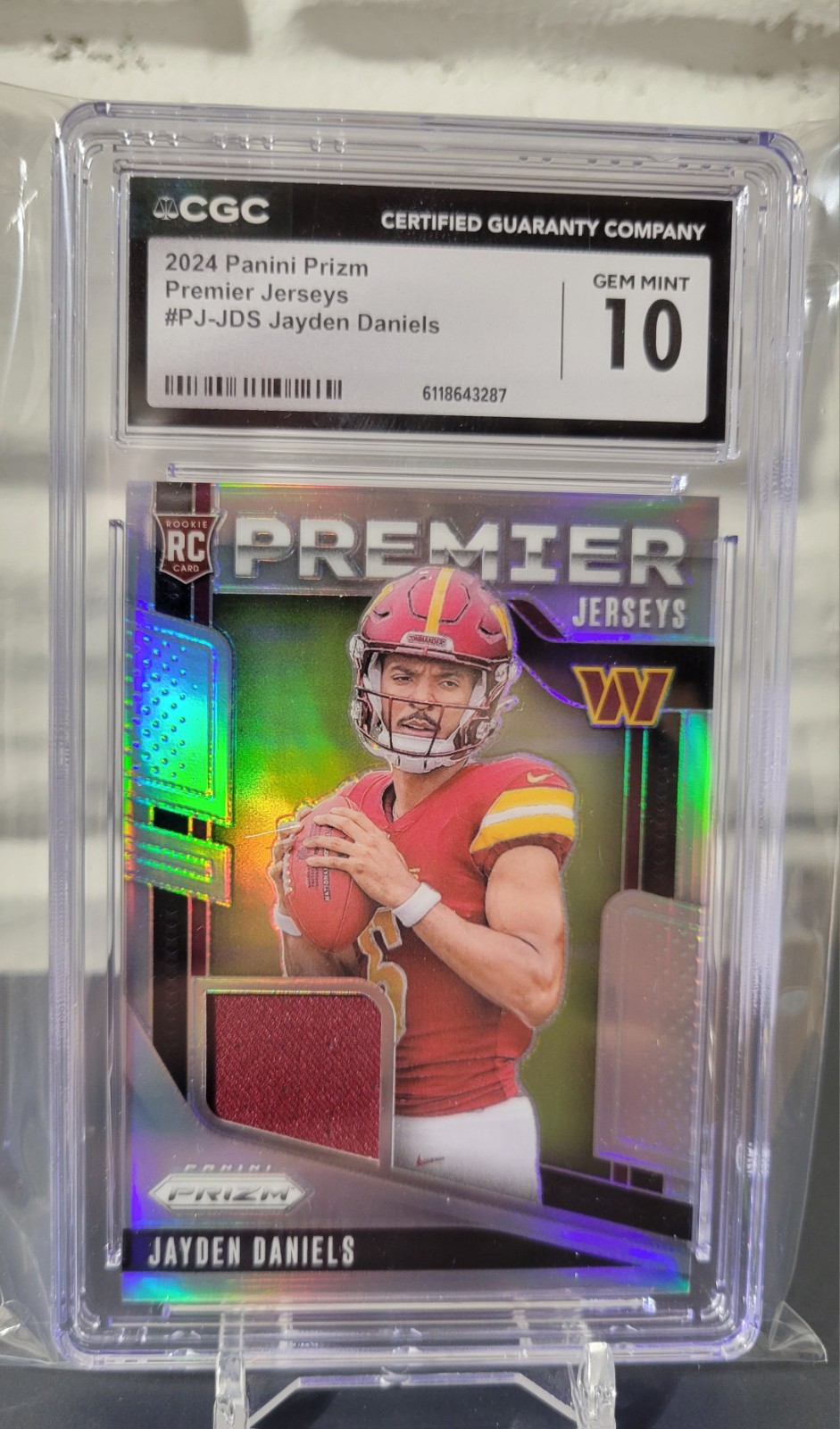 JAYDEN DANIELS SGC 10 2024 PANINI PRIZM #PJ-JDS ROOKIE PREMIER JERSEY SILVER RC