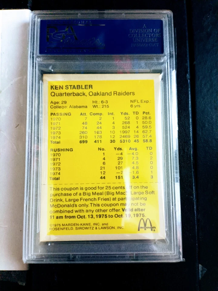 1975 McDonalds Quarterbacks Raiders Ken Stabler PSA 9 - Image 2 of 2