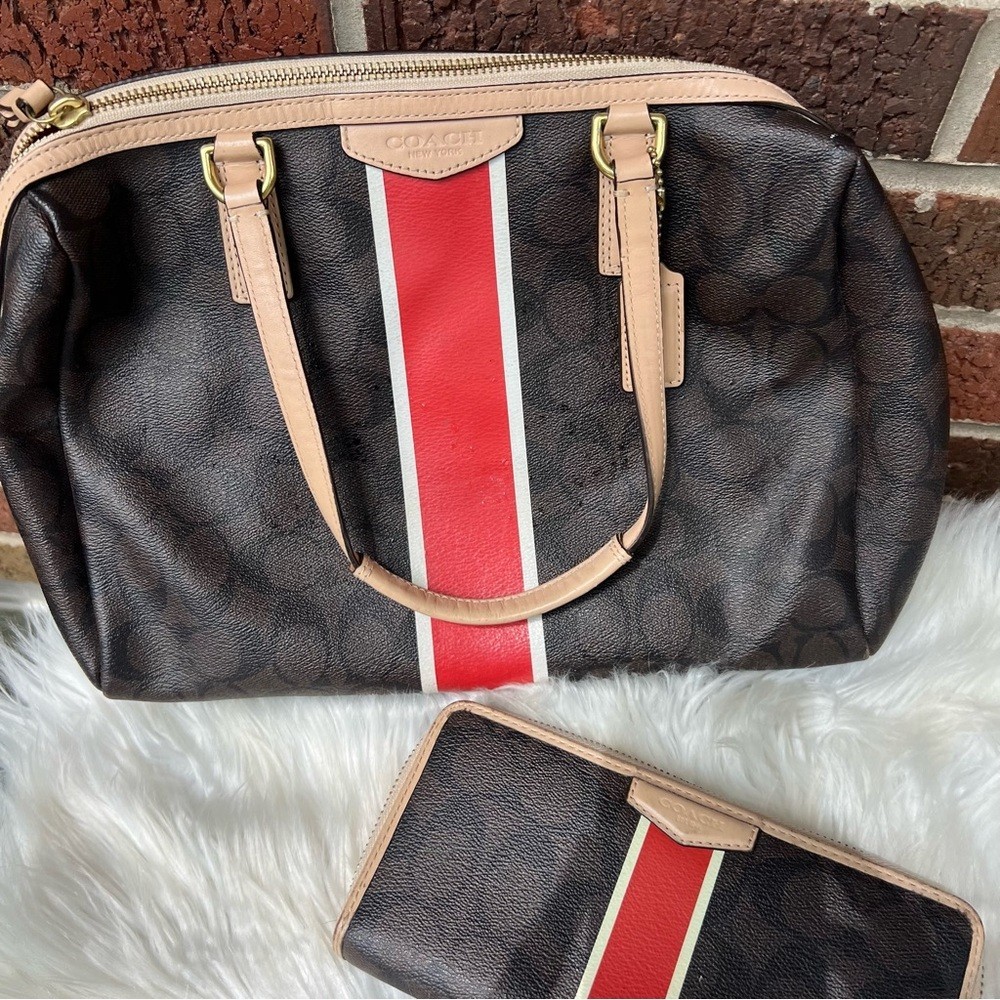 COACH Brown and Red White Striped Leather C Logo Shoulder Purse and Wallet Set image 3