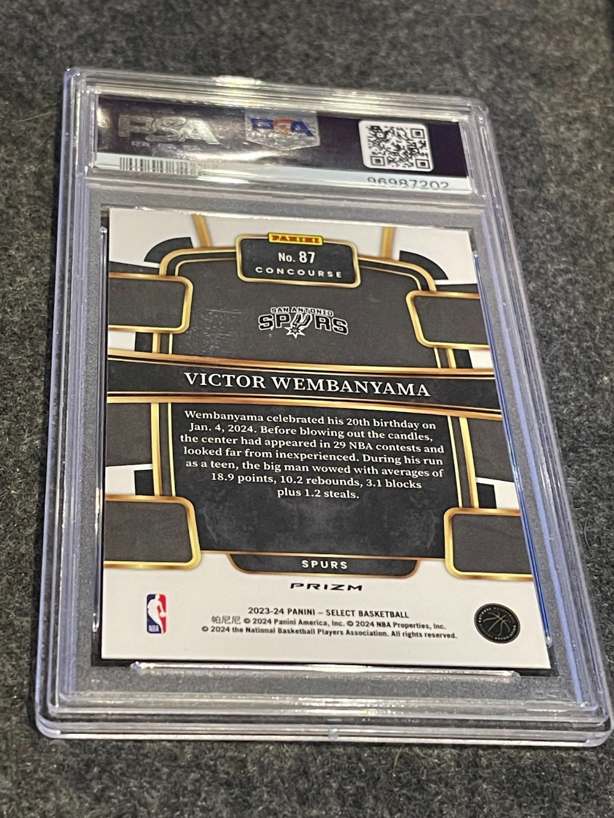 ROOKIE GEM MINT 2023-24 Panini Select Victor Wembanyama Blue Prizm #87 PSA 10 view 4