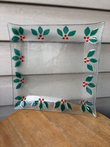 Vintage Holly Leaves Berries Border Christmas Fused Glass Square Platter 12"