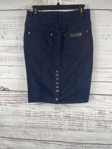 Gonna Burberry Denim Donna 6 Blu Elasticizzata Matita Schiena Bottone Logo Lunghezza Ginocchio - Foto 4 di 11