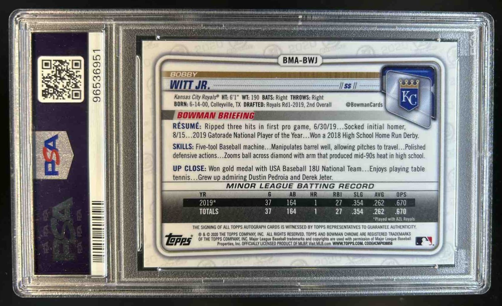 2020 Bowman Bobby Witt Jr. Chrome Auto Mega Box Mojo Refractor #BMA-BWJ PSA 10 view 2