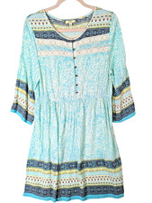 Kori Women size L Round Neck Lace Floral 3/4 Sleeve Chiffon Elastic Waist Dress