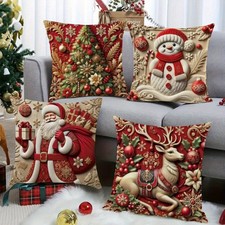 4Pcs Embossed Christmas Cute Santa Snowman Holiday Short Plush Soft Pillow Case