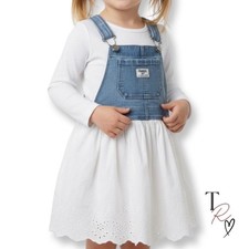 OshKosh B gosh Denim Pinafore Eyelet Dress Toddler 2T Blue White