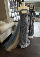 Blue Silver Geometric Beaded Formal Gown with Tulle Train