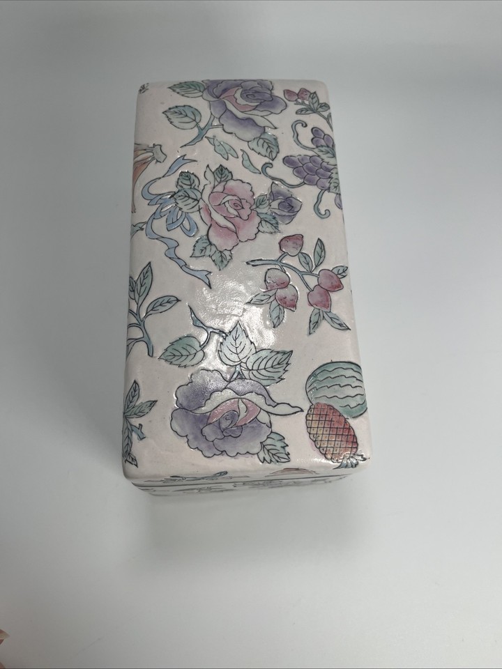 Vintage WBI Chinese Porcelain Rectangle Trinket Box Lidded Fruit Floral ...
