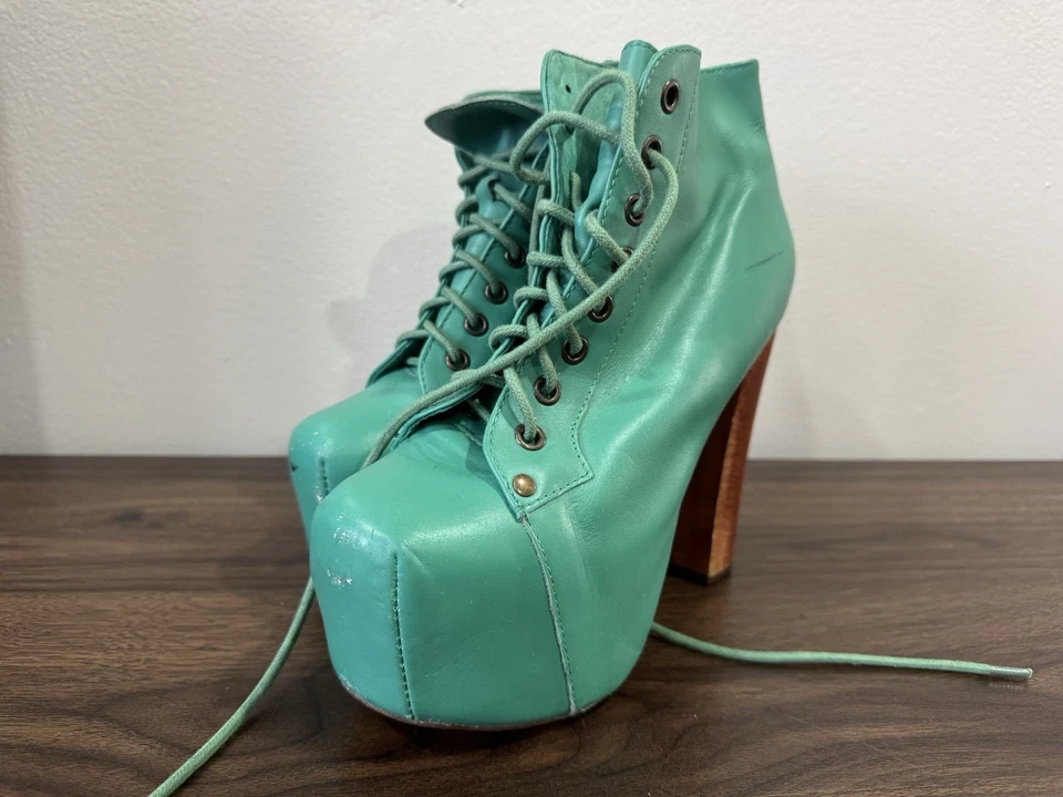 Jeffrey Campbell Lita Havana Últimas Botas Cuero Verde Menta Plataforma Tacones Talla 7 Foto 2 de 4