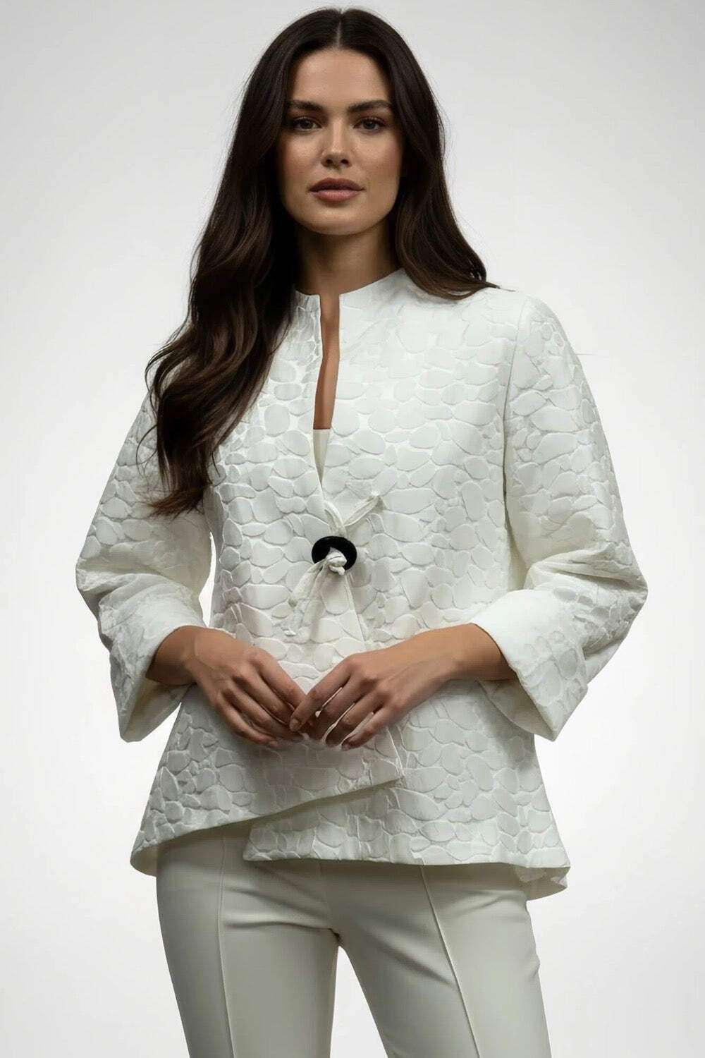 IC Collection Ivory Jacquard High-Low Asymmetric Jacket 2125J