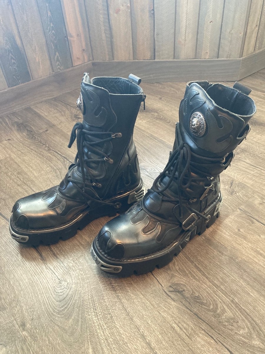 New Rock size 43 / 9.5-10 silver flame black metal leather heavy
