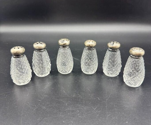 Lot 6 Crystal 2" clear glass Salt Pepper Shakers Country Metal lids